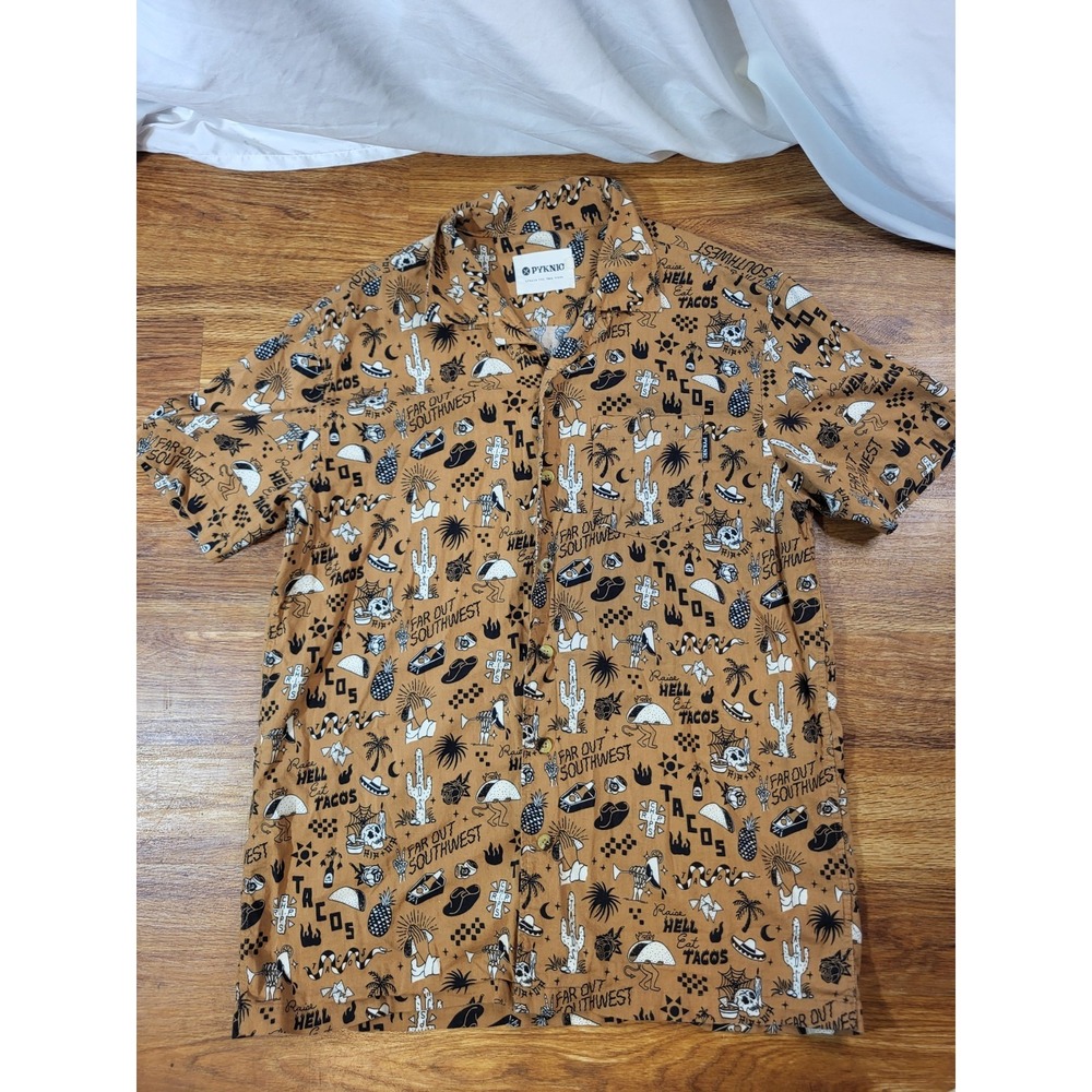 Pyknic Raise Hell Eat Tacos Shirt Mens Orange Button Front Short Sleeve L